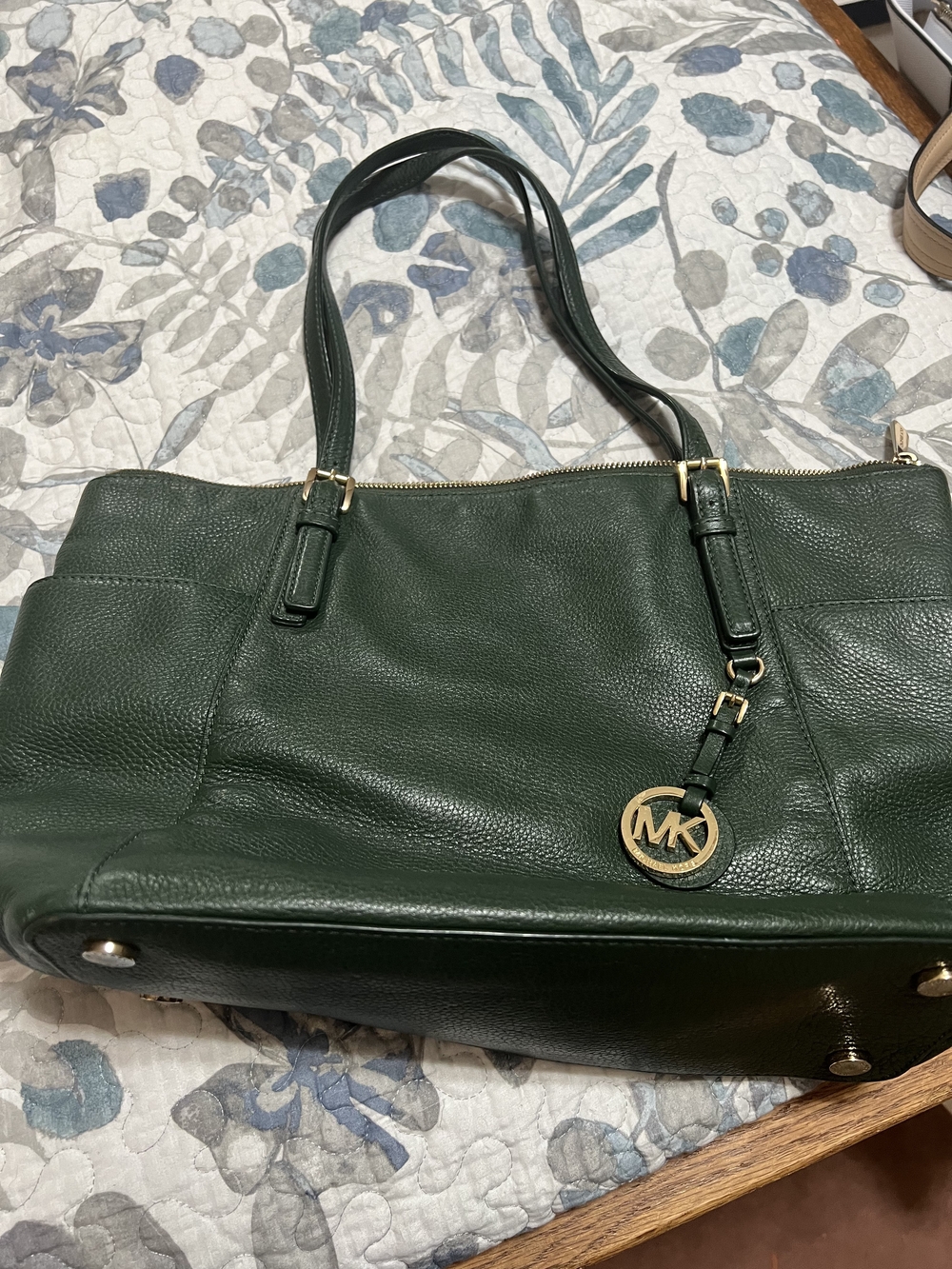 Michael Kors Forest Green Leather Shoulder Tote with Gold MK Charm